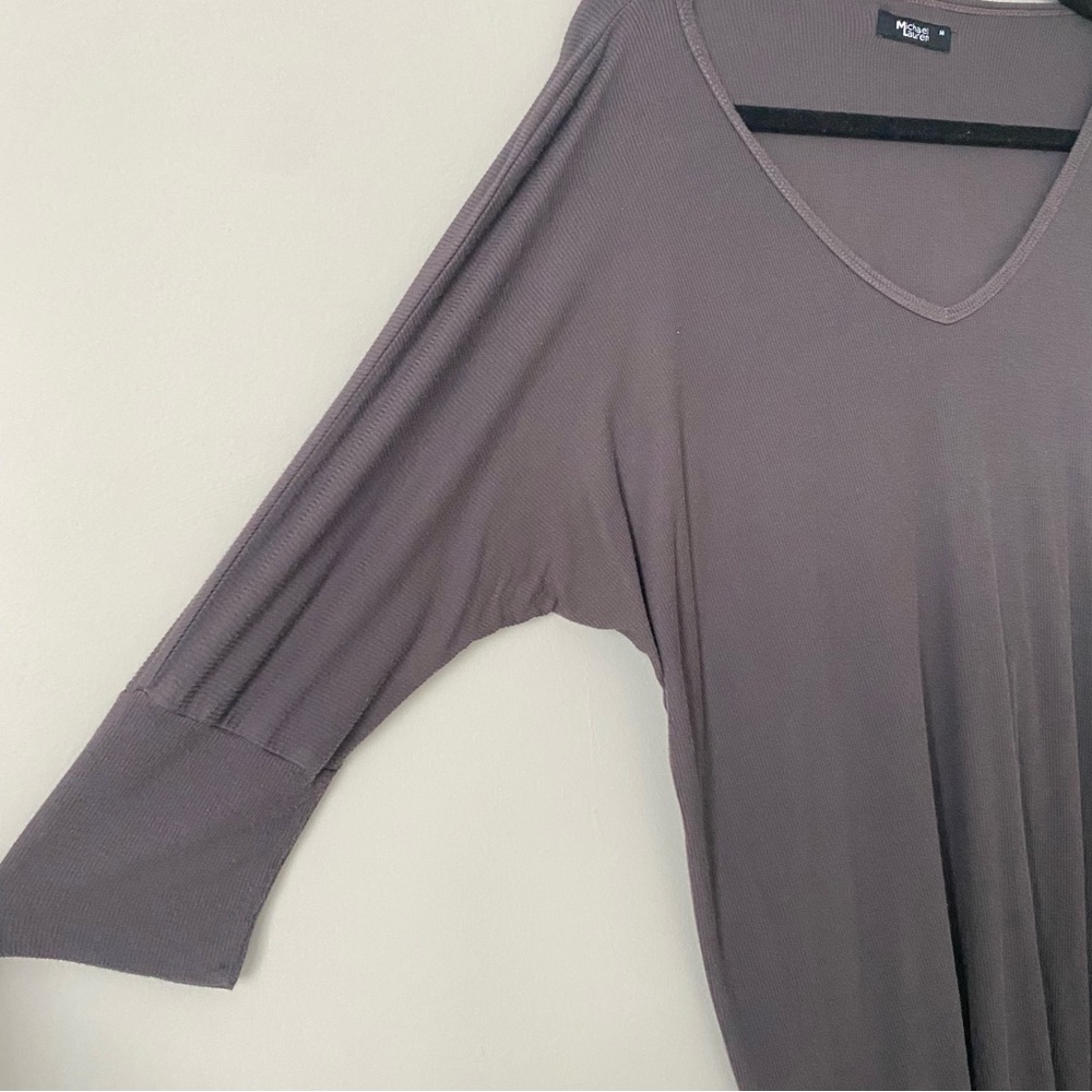 Michael Lauren brown v neck micro ribbed quarter sleeve oversized top medium - Picture 3 of 8